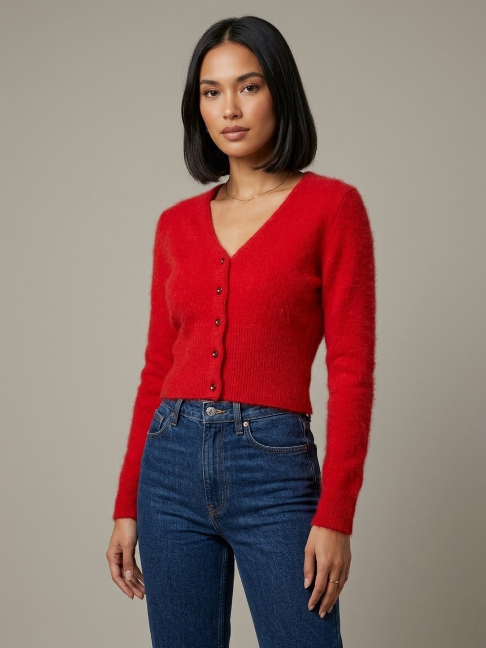 Vintage Angora Knit Cropped Cardigan Sweater V-Neck Button Up Balletcore